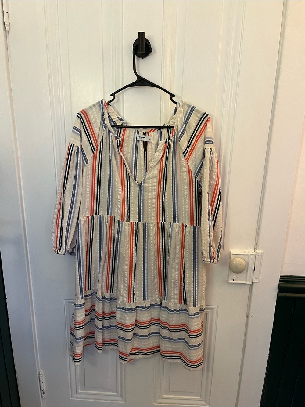 Sonoma Striped Tiered Dress in Cream, Navy & Coral